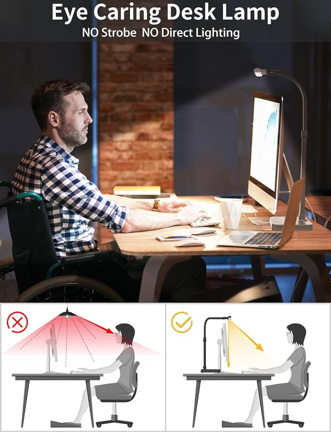 AKRRYR LED Desk Lamp for Home Office, Double Head 24W with Base, Architect Light 5 Lighting Brightness Flexible Gooseneck Table Reading Study, Black