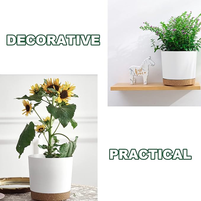 kubvici 2 Pack 8 Inch Planters for Indoor Plants, Plastic Flower Pots Plant Pots Indoor with Drainage Saucer for Outdoor Garden Home Plant, White 8”