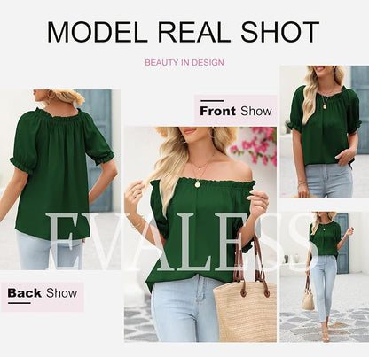 EVALESS Womens Tops Off The Shoulder Blouses for Women Dressy Casual Cute Puff Sleeve T Shirts Fashion 2026