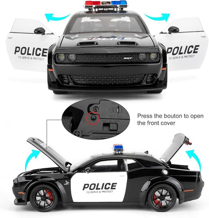 Police Car Model for Collectible 1:24 Dodge Challenger SRT Hellcat Toy, Diecast Vehicle Toy with Lights and Sounds,Pull Back Decoration Model Car Toy for Adults Kids Birthday Gifts
