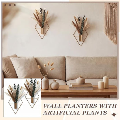 Jexine 8 Pcs Hanging Planters with Artificial Pampas Metal Hanging Vase Indoor Plants Holder Modern Geometric Boho Bathroom Wall Decor for Living Room Home Office(Antique Copper)