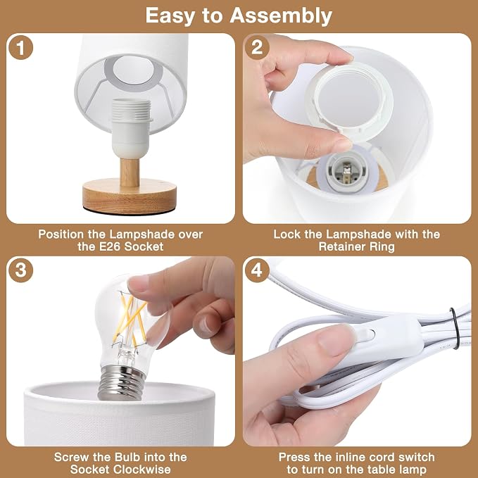 Fenmzee Small Table Lamps (White Shade - Wood Base, 9" Inline Control) | 3000K LED Blub Included | 680 Lumens | Easy Assembly | Minimalist Design | E26 | for Kitchen | for Kids Room