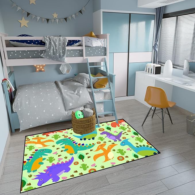 Dinosaur Carpet for Boys Room Dinosaur Play Rug Kids Rug Cartoon Dinosaur Carpet Dino Rug Dinosaur Area Rug for Bedroom Livingroom Playing Room,Green 4'5''×6'