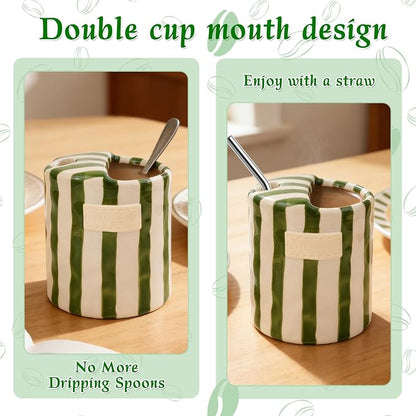 Ceramic Coffee Mug with Sip Hole 10oz Cute Espresso Cup | Unique Hand-Drawn Green and White Striped Design, Microwave and Dishwasher Safe, for Kitchen Dining, Office, Holiday Gift