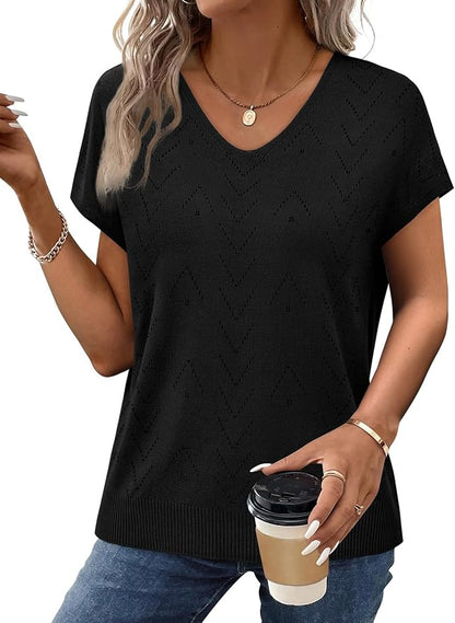 WIHOLL Short Sleeve Sweater for Women V Neck Trendy Cute Tops Business Casual Outfits Cap Sleeve
