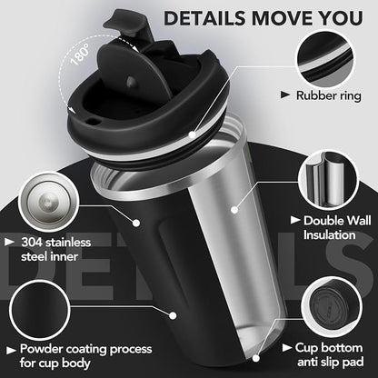 Volhoply 12 oz Double Wall Insulated Vacuum Travel Coffee Mug with Flip Lid Bulk 8 Pack,Reusable Stainless Steel Leak Proof Coffee Cup,Portable Cafe Thermal Tumblers for Hot & Cold Drinks(Black,8 Set)