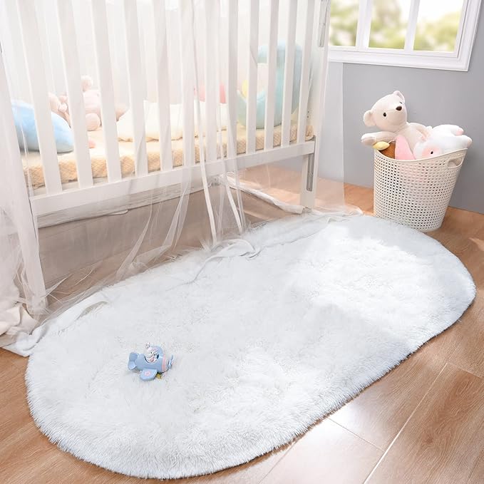 Merelax Soft Shaggy Rug for Kids Bedroom, Oval 2.6'x5.3' Cream Plush Fluffy Carpets for Living Room, Furry Carpet for Teen Girls Room, Anti-skid Fuzzy Comfy Rug for Nursery Decor Cute Baby Play Mat