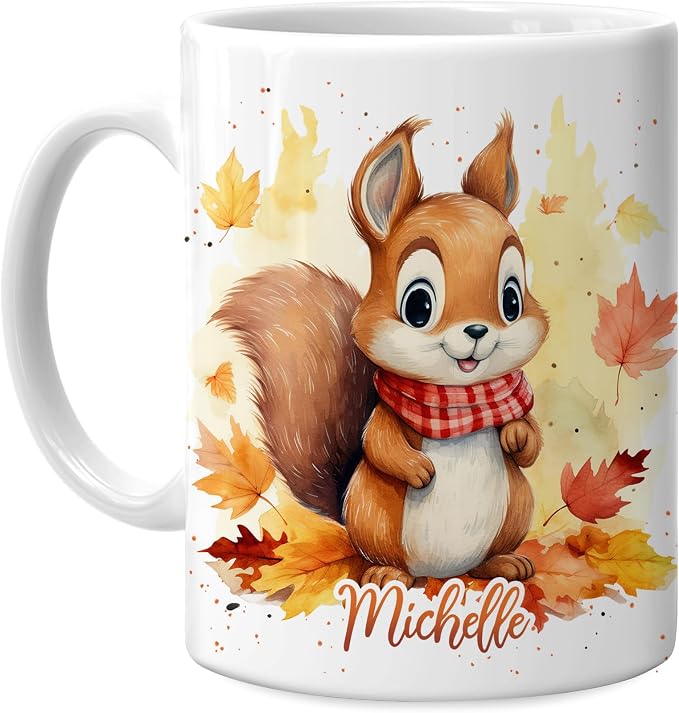 Hyturtle Personalized Fall Squirrel Coffee Mug, Fall Autumn Décor | Birthday Gifts For Squirrel Lovers - Unique Gifts For Farmhouse Thanksgiving - Custom Name 11oz White Ceramic Coffee Tea Mug