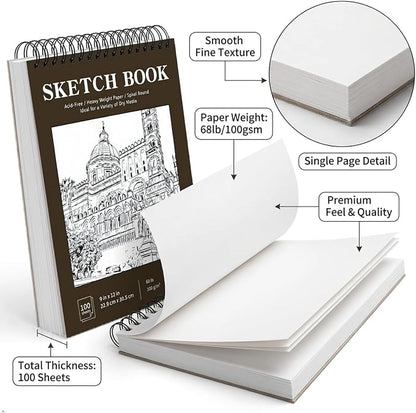 Soucolor Sketchbook 8.5x11 Hard Cover Spiral Bound, 100 Sheets 68lb/100gsm Thick Acid-Free Drawing Paper Lay Flat Sketch Pad Art Notebook for Adults Artists Teachers Students Classroom