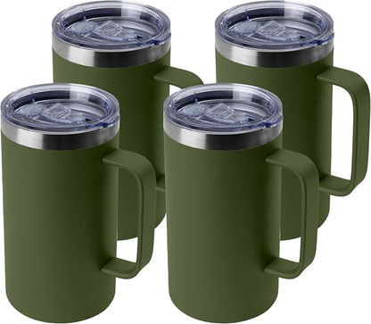DOMICARE 24oz Mug with Handle and Lid, Stainless Steel Coffee Mug, Travel Mug with Handle, Double Wall Vacuum Coffee Tumbler, Reusable Insulated Cup, Army Green, Pack 4