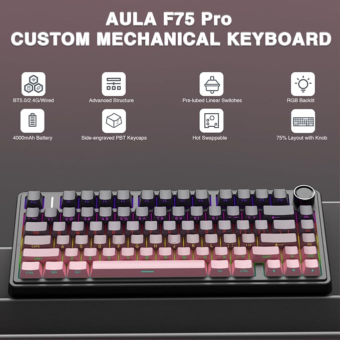 AULA F75 Pro Wireless Mechanical Keyboard,75% Hot Swappable Custom Keyboard,RGB Backlit,Pre-lubed Reaper Switches,Side Printed PBT Keycaps Mechanical Gaming Keyboards, Pink&Black