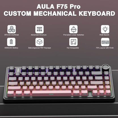 AULA F75 Pro Wireless Mechanical Keyboard,75% Hot Swappable Custom Keyboard,RGB Backlit,Pre-lubed Reaper Switches,Side Printed PBT Keycaps Mechanical Gaming Keyboards, Pink&Black