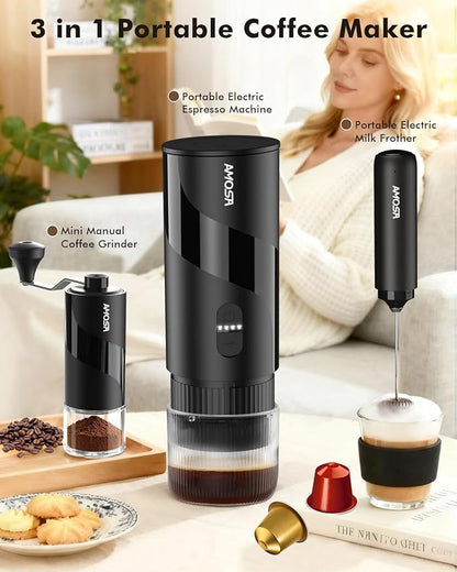 All in 1 Portable Electric Espresso Machine & Coffee Grinder & Milk Frother | Mini Compact Travel Coffee Maker Set for Ground Coffee & NS Capsules，Ideal for Camping, Car, RV, Hiking, Office, Home, Gift