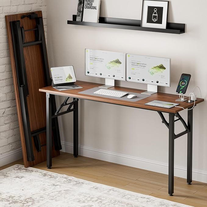 Frylr Small Folding Computer Desk – 55.1 Inch Portable Table for Craft and Study, Lightweight Desk for Small Spaces, Foldable Laptop Table Built-in AC/USB Outlets for Convenience, Dark Walnut