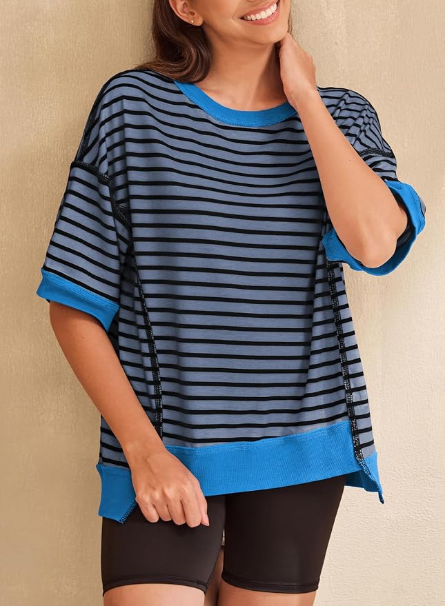 SHEWIN Womens Tops Casual Short Sleeve Sweatshirt Crewneck Striped Shirt Pullover T Shirts Loose Blouses