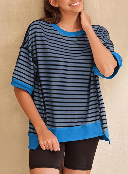 SHEWIN Womens Tops Casual Short Sleeve Sweatshirt Crewneck Striped Shirt Pullover T Shirts Loose Blouses