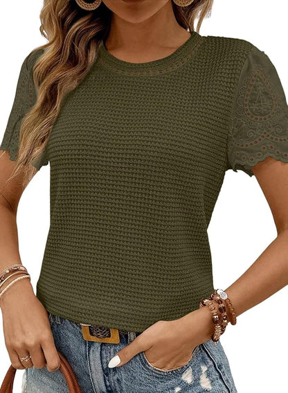 SHEWIN Womens Frenchy Summer Tops Crewneck Short Sleeve T Shirts Casual Waffle Knit Jacquard Blouses Top Shirts