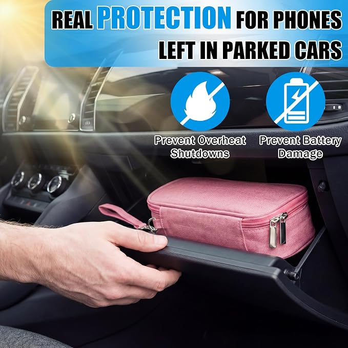 Phone Cooler Bag for Beach, Portable Phone Cooling Pouch with 2 Reusable Ice Packs, Keeps Cool in Extreme Heat for Car Pool Hiking, Extends Battery Life, Fits All Smartphones(Pink,Fabric)
