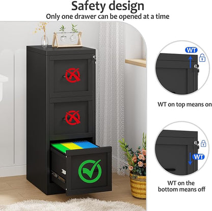 Small Metal 3-Drawer File Cabinet, Under-Desk Filing Cabinet, Black | Locking, Adjustable Hanging Rail, Fit A4, FC, Letter, Hanging File Folders for Home Office Storage Organization, 2PS