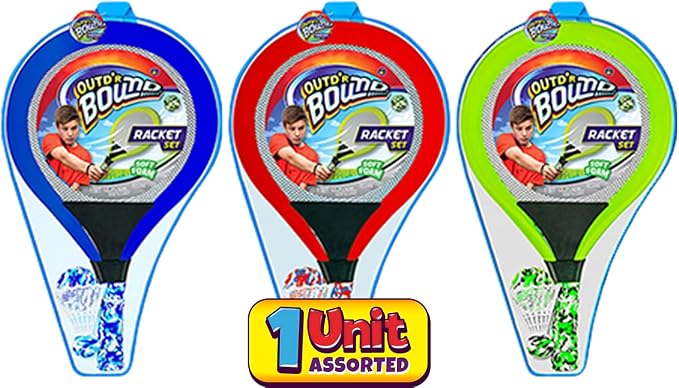Badminton Set with 2 Rackets, Beach Ball and Birdie - Assorted Colors - Light Paddle Ball Tennis Racket Outdoor Games Beach Toy Set 5135