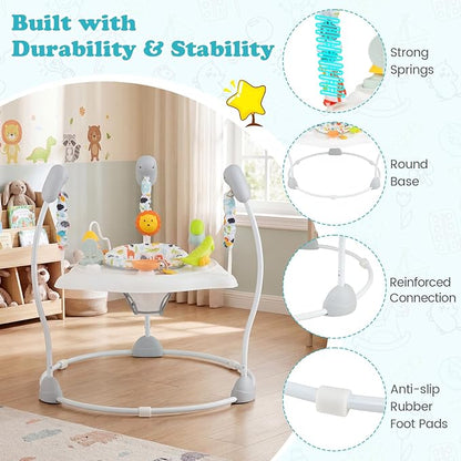 BABY JOY Baby Activity Center, Baby Jumpers and Bouncers with Music, 360° Rotating Seat, 3 Adjustable Heights, Montessori-Inspired Activity Center for Baby 7-15 Months (White)