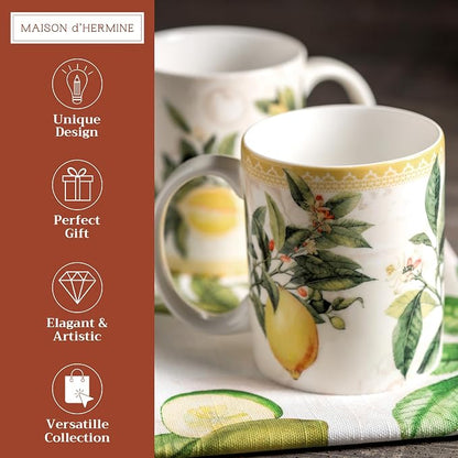 Maison d' Hermine Coffee Mug with Handles Tea Cups (15 Ounce, Pack of 2) | Fine Bone China Coffee Mugs for Hot Beverages Cappuccino Latte Home Restaurant Hotel Spring Summer -Limoncello