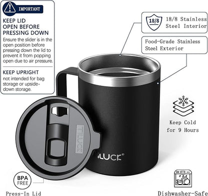 TILUCK 12 oz Insulated Coffee Mug with Lid and Handle | BPA-Free Lid, Double-Wall Vacuum Insulation, Stainless Steel Coffee Cup, Dishwasher Safe Mug for Hot & Cold Drinks,MatteBlack