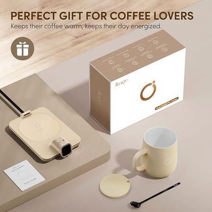 Coffee Cup Warmer & IKAGO Mug Set, 1℉ Precise Temp Control Mug Warmer | Auto Shut Off, Infrared Sensor, Dual Temp Display, ℉/℃ Optional, 15oz Mug with Spoon & Lid Included, Gifts for Men Women