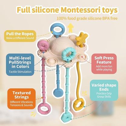 Montessori Pull String Toy Silicone Travel Toy | Food Grade Silicone Early Development Toy, Fine Motor Skills Sensory Toys, Montesorri Gifts (Cream Color)