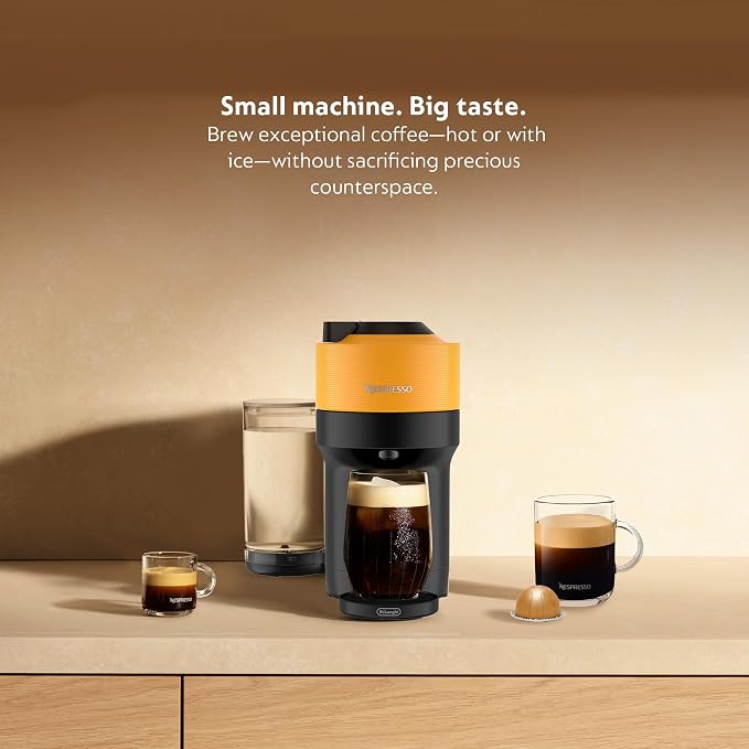 Nespresso Vertuo Pop+ Coffee Machine with Milk Frother, Mango Yellow | Yellow coffee and espresso maker by De'Longhi with compact design. Aeroccino3 frother bundle for hot or cold foam drinks.