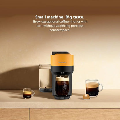Nespresso Vertuo Pop+ Coffee Machine with Milk Frother, Mango Yellow | Yellow coffee and espresso maker by De'Longhi with compact design. Aeroccino3 frother bundle for hot or cold foam drinks.