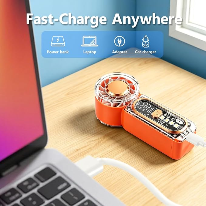 Portable Mini Handheld Fan, 100 Speed Adjustable Pocket Fan with Digital Display, USB-C Rechargeable Personal Fan, Long Battery Life, Small Cooling Fan for Travel(Orange)