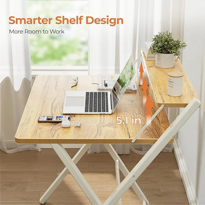 GreenForest Folding Desk No Assembly, Sturdy Computer Desk for Small Spaces | Portable Foldable Table for Laptop, 2-Tier Compact with Shelf, Space Saving for Home Office, Dorm, Apartment, 24.5"x 30" Oak