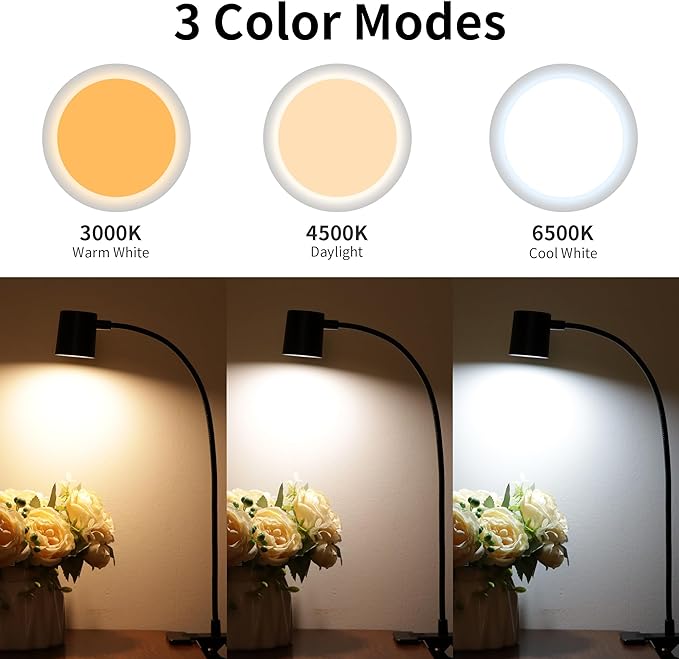 Dott Arts Desk Lamp,USB Clip On Light with 3 Color Modes,LED 10 Levels Brightness Reading Light, 360°Gooseneck Book Light,Eye-Care Reading Lamp for Home Office,Headboards.Adapter included