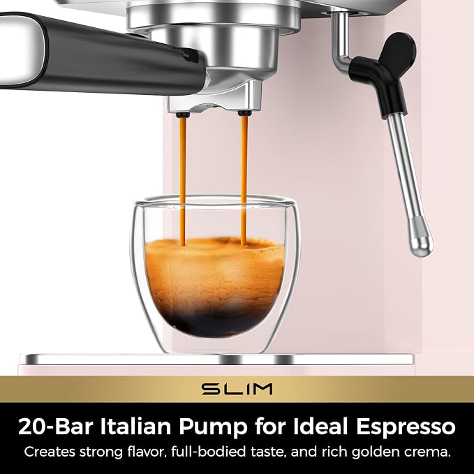 CHULUX Slim Espresso Machine with Milk Frother for Home Cappuccino, Pink | Precise Pressure Gauge, Food-Grade Materials, 20 Bar Italian Pump, Professional Temperature Control System, Stainless Steel