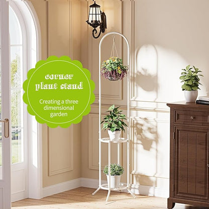 BMOSU Plant Stand with Hooks Indoor Outdoor Corner Tall Plant Stand Heavy-Duty Metal 3-Tier Plant Shelf Holder Rack for Patio Garden Balcony Living Room Bedroom(circular White)