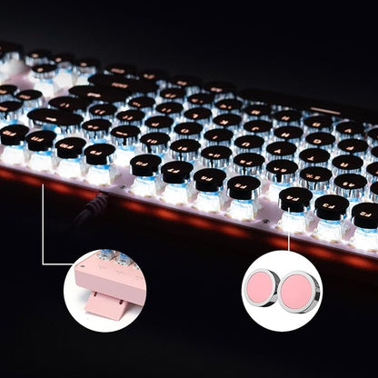 YSCP Typewriter Style Mechanical Gaming Keyboard White Backlit Wired with Blue Switch Retro Round Keycap 104 Keys Keyboard (Pink)