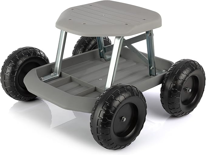 Gardening Stool - Rolling Garden Seat with Wheels and Storage Tool Tray - Garden Cart Scooter - Yard Tools by Pure Garden (Gray)