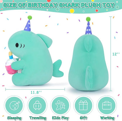 Auspicious beginning Birthday Gift Shark Plush Stuffed Animal, 11.8'' Kawaii Soft Birthday Shark Plush Toys with Holding Cute Birthday Cake Gift for Girls Boys, Children's Day, Anniversary, Green
