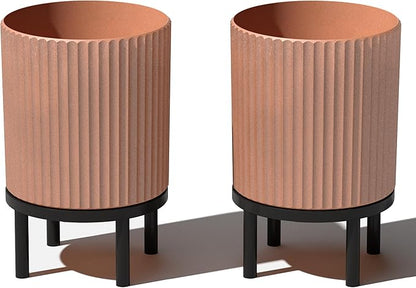 Veradek Demi Series Round Planter w/Stand for Porch/Patio | Durable Plastic-Stone Composite & Wooden Stand | Modern Décor for Tall Plants, Flowers