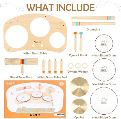 Kids Drum Set for Toddlers 3+, 8 in 1 Montessori Musical Instruments - Wooden Musical Toys for Baby Easter Christmas Birthday Gifts for Preschool Learning Music for Boys Girls Age 3 4 5 6