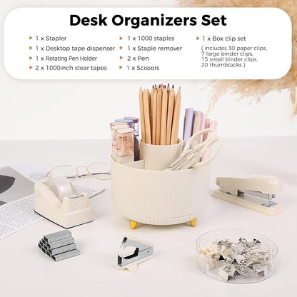 SKYDUE Desk Organizer Set with 360° Rotating Pen Holder | Includes Stapler, Scissors, Tape Dispenser, Clips, Pins & Accessories, For Home Office, School, Teacher