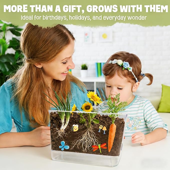 Large Root Viewer Kit for Kids STEM Science Toy Growing Kits for Ages 4, 5, 6, 7, 8, 9,10 Birthday Gifts for Boys Girls, DIY Set, Includes Strawberry, Eggplant, Dwarf Sunflower, Carrot, Pea, Scallion