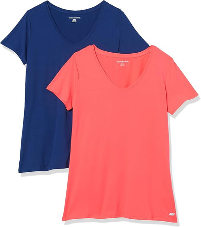 Amazon Essentials Women's Active Quick Dry Tech Stretch Short-Sleeve V-Neck T-Shirt (Available in Plus Size), Pack of 2