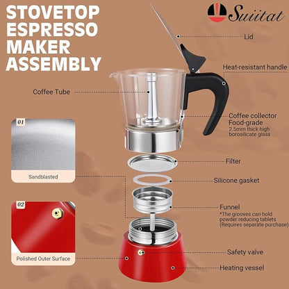 9 Cup 450ml Glass Moka Pot, Stovetop Espresso Maker, Red | Crystal Glass-top & Stainless Steel Coffee Maker, Induction Compatible, for Greca de Cafe, Cuban and Italian Coffee Brewing