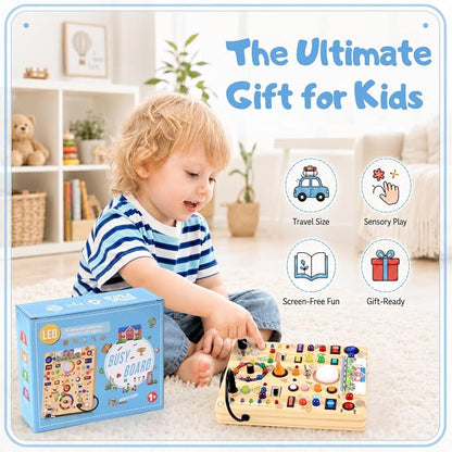 Busy Board with LED Light Switches, Montessori Toys for 1 2 3 Years Old, Toddlers Wooden Toy Sensory Activity Board, Travel Toys for 1+ Year Old Boy & Girl Birthday Gift (School 19 Switches)