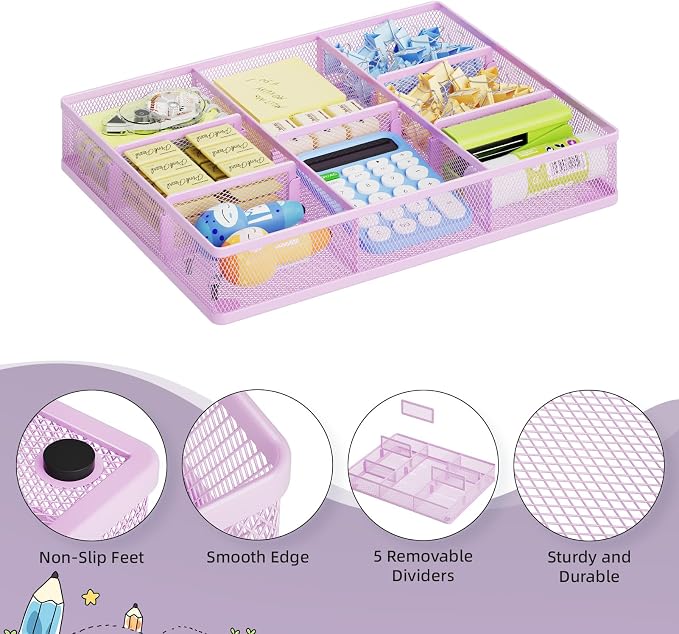 Marbrasse Desk Drawer Organizer, Metal Mesh Drawer Organizer Tray with 5 Adjustable Compartments,Desk Organizers and Accessories for Home,Office,Kitchen,Makeup,Vanity (Purple)