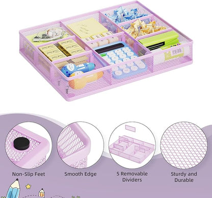 Marbrasse Desk Drawer Organizer, Metal Mesh Drawer Organizer Tray with 5 Adjustable Compartments,Desk Organizers and Accessories for Home,Office,Kitchen,Makeup,Vanity (Purple)
