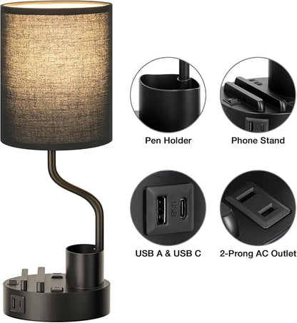 Fenmzee Bedside Lamps for Bedroom Set of 2 - Table Desk Lamp for Nightstand | 15" Table Lamp for Living Room with Pen Holder & Phone Stand, USB A+C Port, AC Outlet, 3 Color Temperature, LED Bulb Included