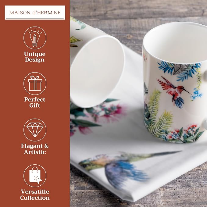 Maison d' Hermine Coffee Mug with Handles Tea Cups (12 Ounce, Pack of 2) | Fine Bone China Coffee Mugs for Hot Beverages Cappuccino Latte Home Restaurant Hotel Spring Summer -Tropiques